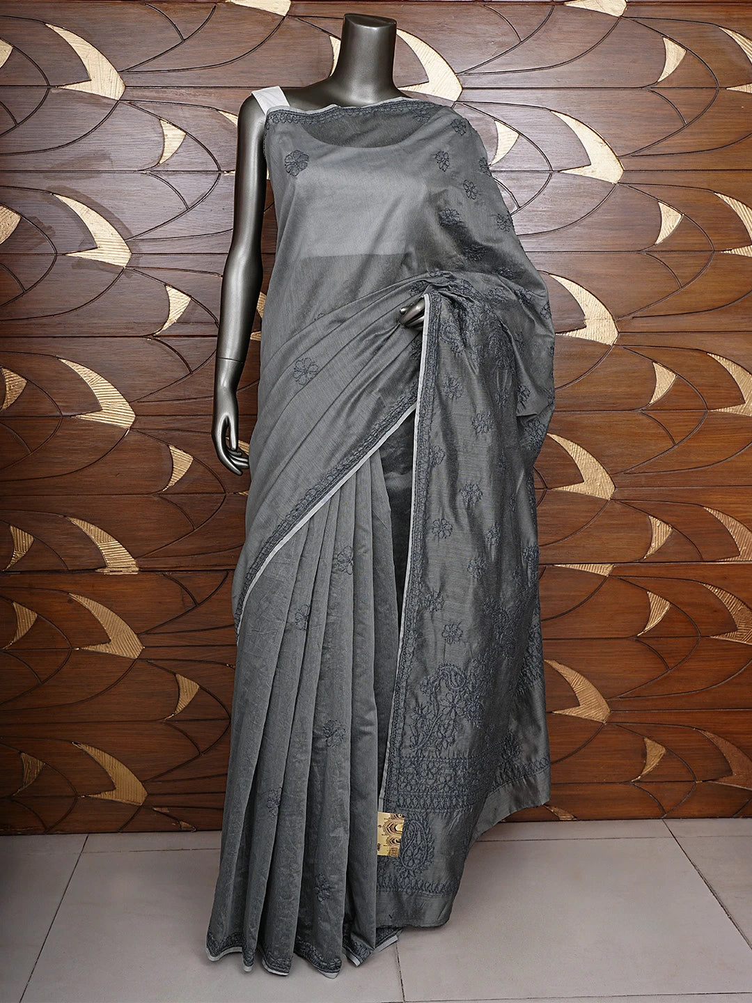 Ada Hand Embroidered Aluminium Grey Chanderi Lucknowi Chikankari Saree and Blouse 01A922910
