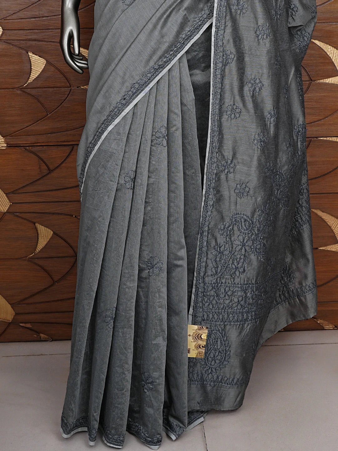 Ada Hand Embroidered Aluminium Grey Chanderi Lucknowi Chikankari Saree and Blouse 01A922910