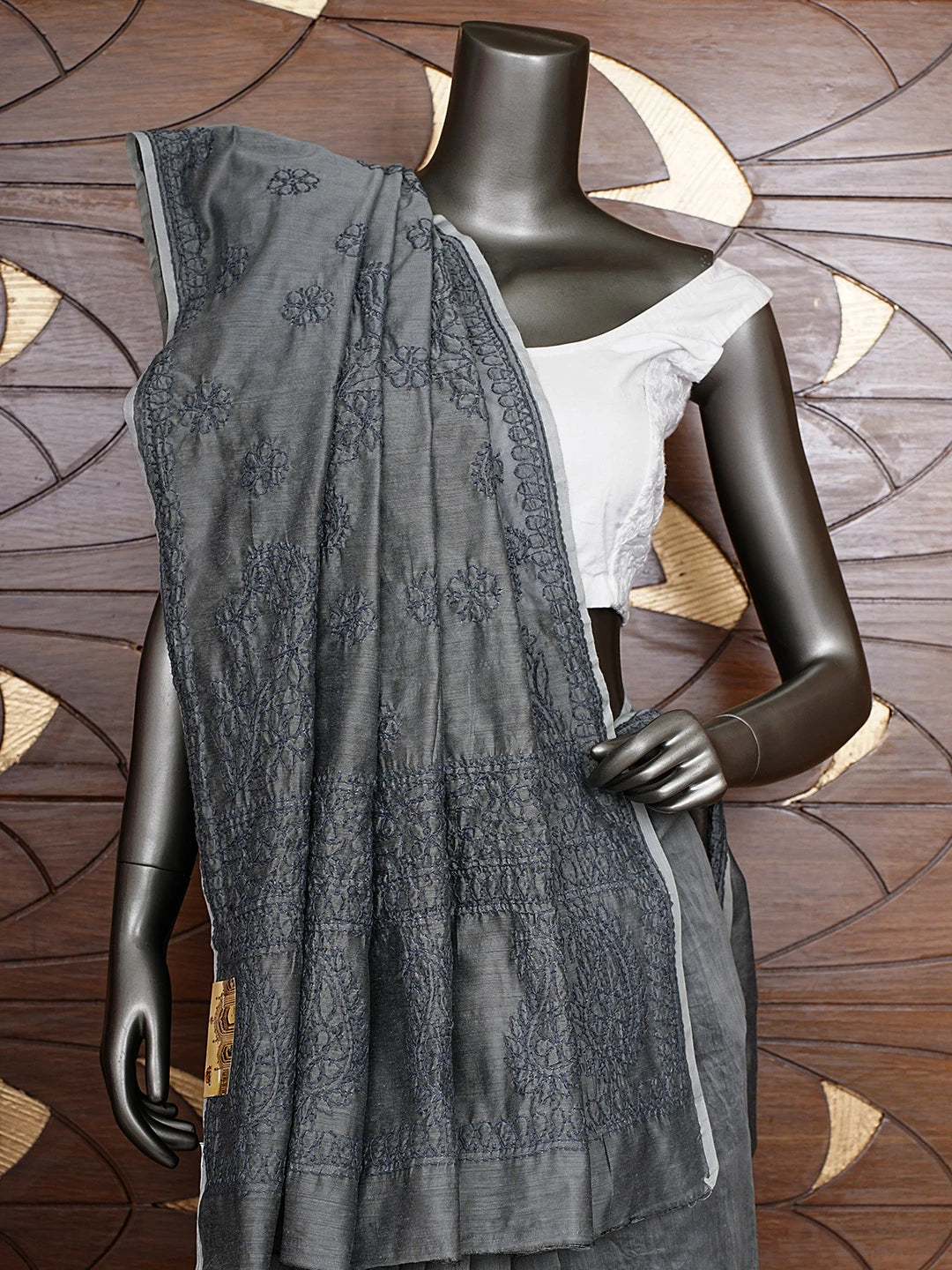 Ada Hand Embroidered Aluminium Grey Chanderi Lucknowi Chikankari Saree and Blouse 01A922910