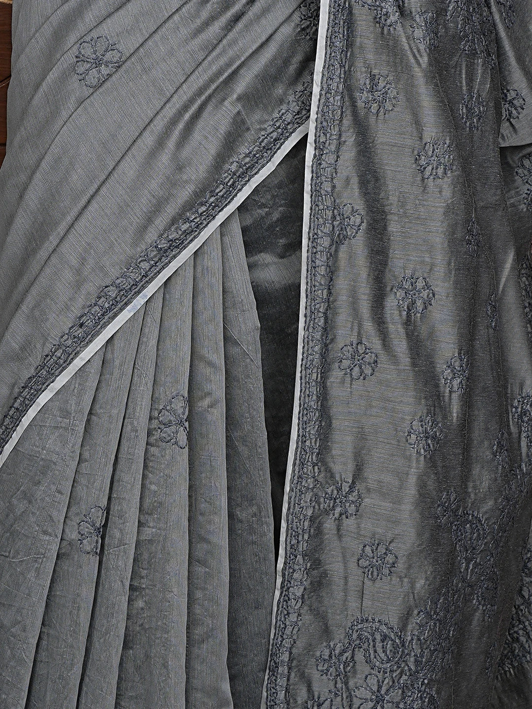 Ada Hand Embroidered Aluminium Grey Chanderi Lucknowi Chikankari Saree and Blouse 01A922910