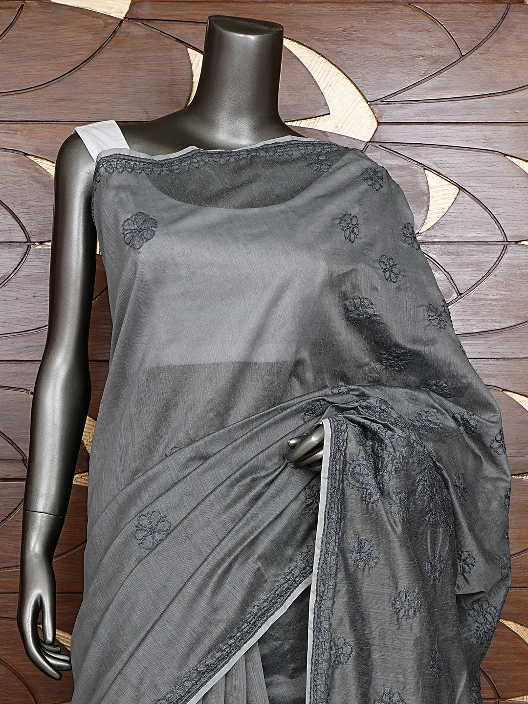 Ada Hand Embroidered Aluminium Grey Chanderi Lucknowi Chikankari Saree and Blouse 01A922910