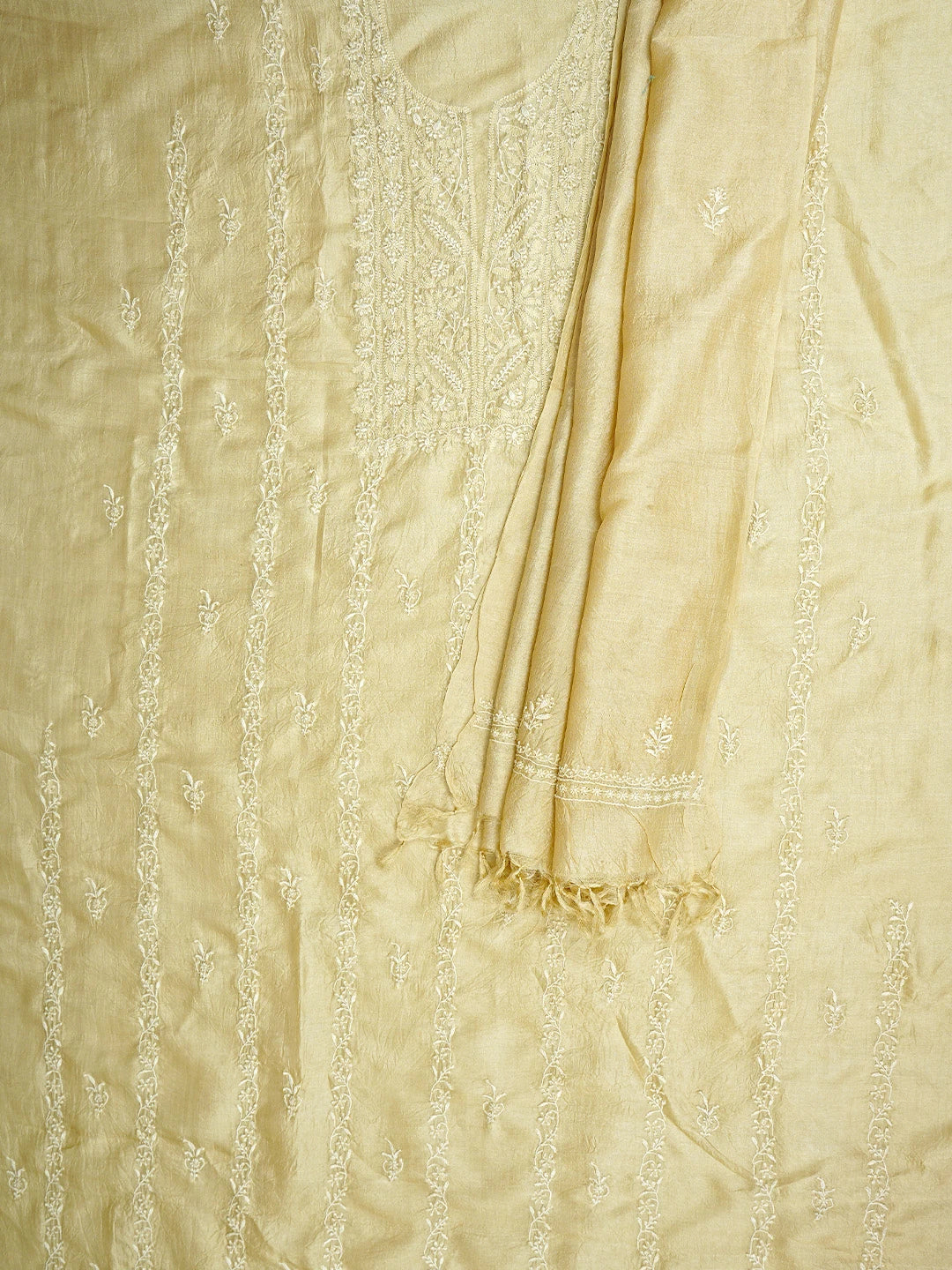 Ada Hand Embroidered Vanilla White Tussar Silk Lucknowi Chikankari Unstitched Kurta Dupatta Set 01A918272