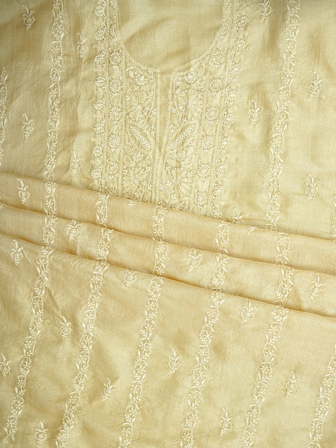 Ada Hand Embroidered Vanilla White Tussar Silk Lucknowi Chikankari Unstitched Kurta Dupatta Set 01A918272