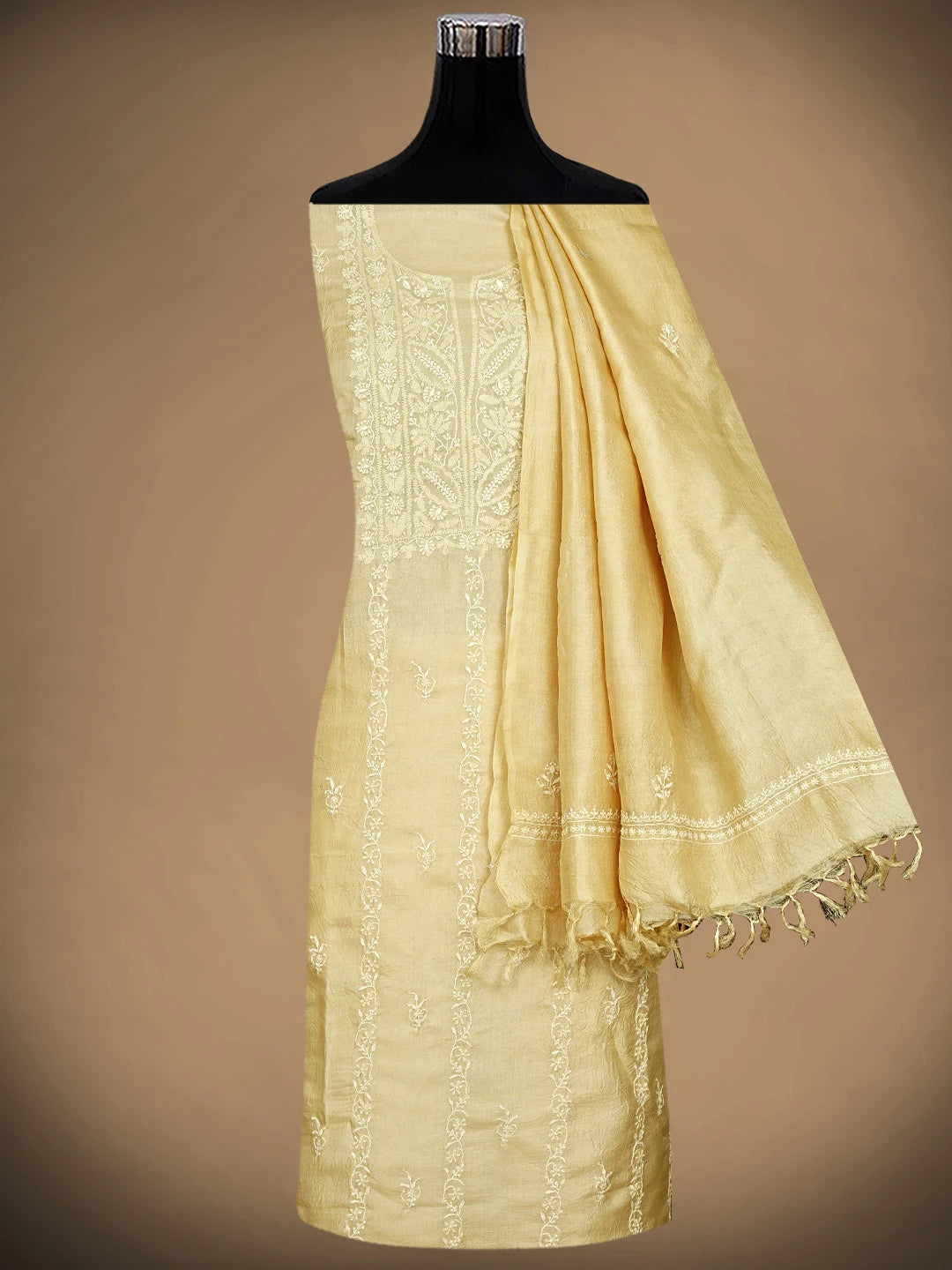 Ada Hand Embroidered Vanilla White Tussar Silk Lucknowi Chikankari Unstitched Kurta Dupatta Set 01A918272