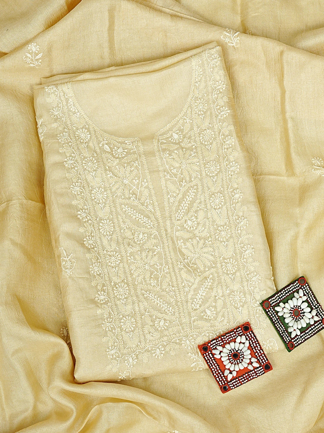 Ada Hand Embroidered Vanilla White Tussar Silk Lucknowi Chikankari Unstitched Kurta Dupatta Set 01A918272