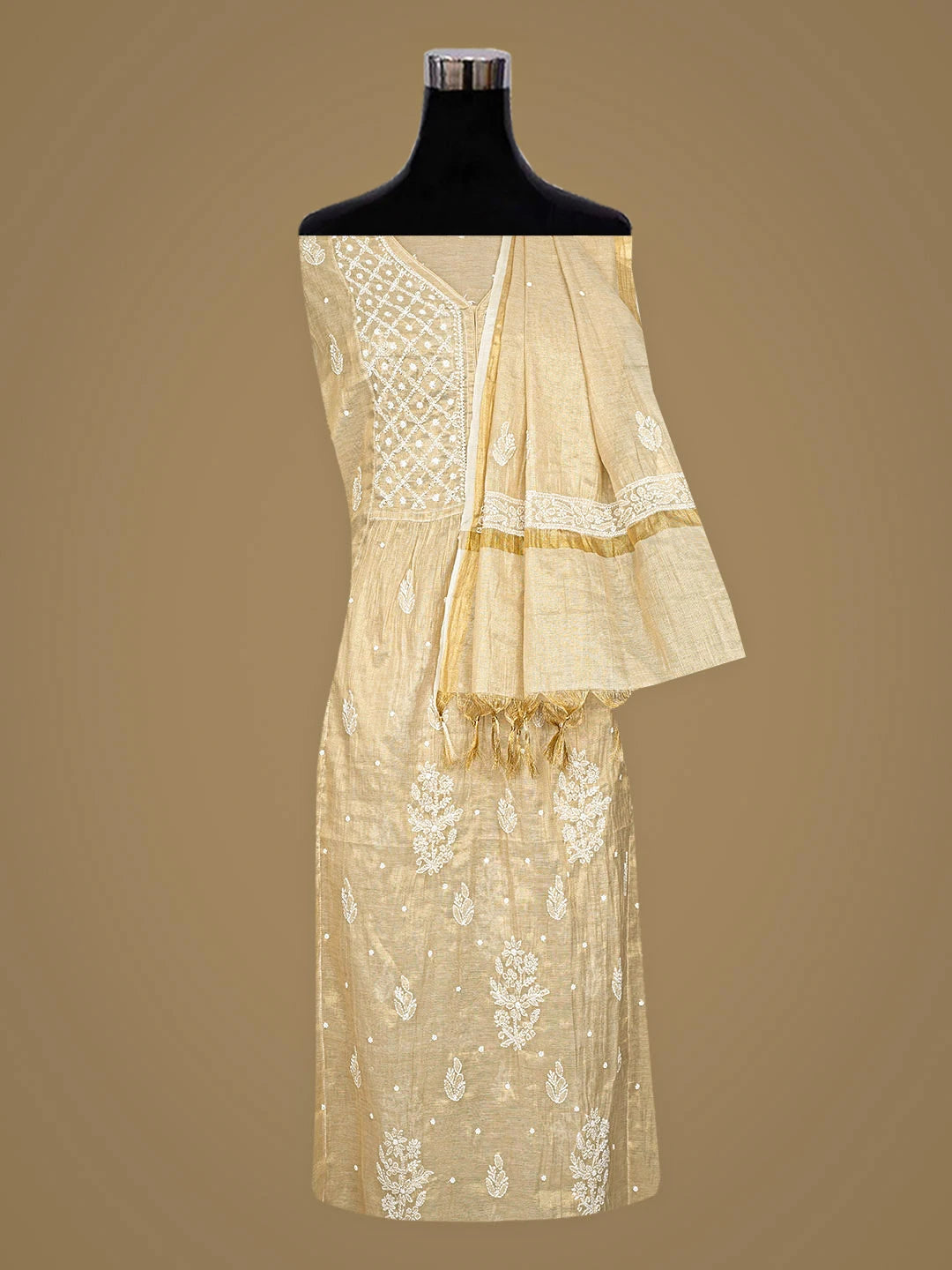 Ada Hand Embroidered Fawn Tissue Lucknowi Chikankari Semi-Stitched A-line Kurta Dupatta Set With Pearl Work 01A921643