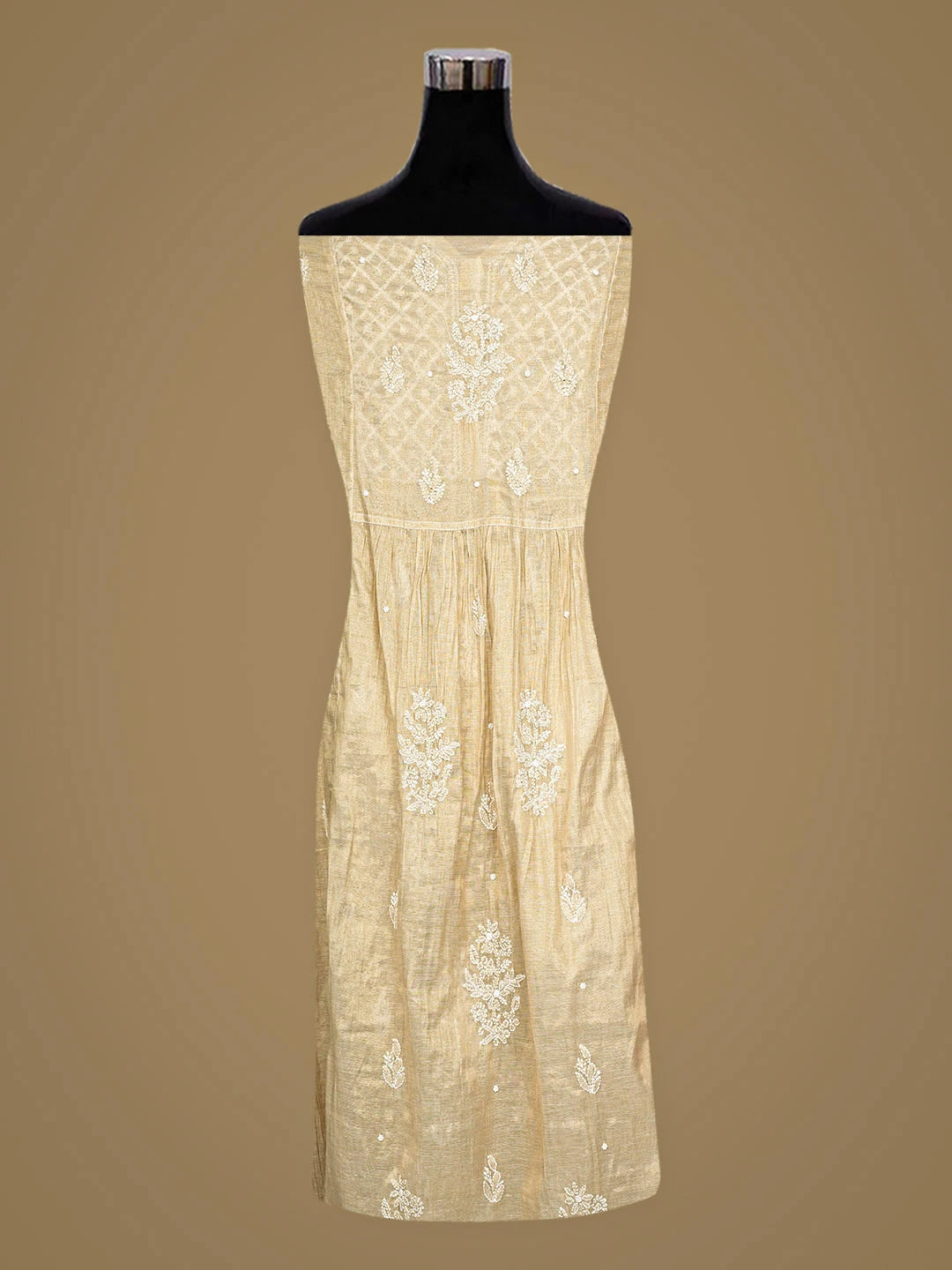 Ada Hand Embroidered Fawn Tissue Lucknowi Chikankari Semi-Stitched A-line Kurta Dupatta Set With Pearl Work 01A921643