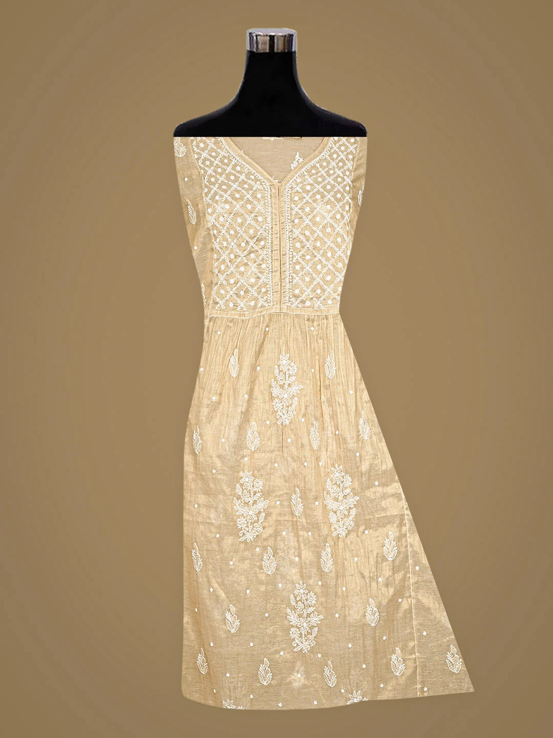 Ada Hand Embroidered Fawn Tissue Lucknowi Chikankari Semi-Stitched A-line Kurta Dupatta Set With Pearl Work 01A921643