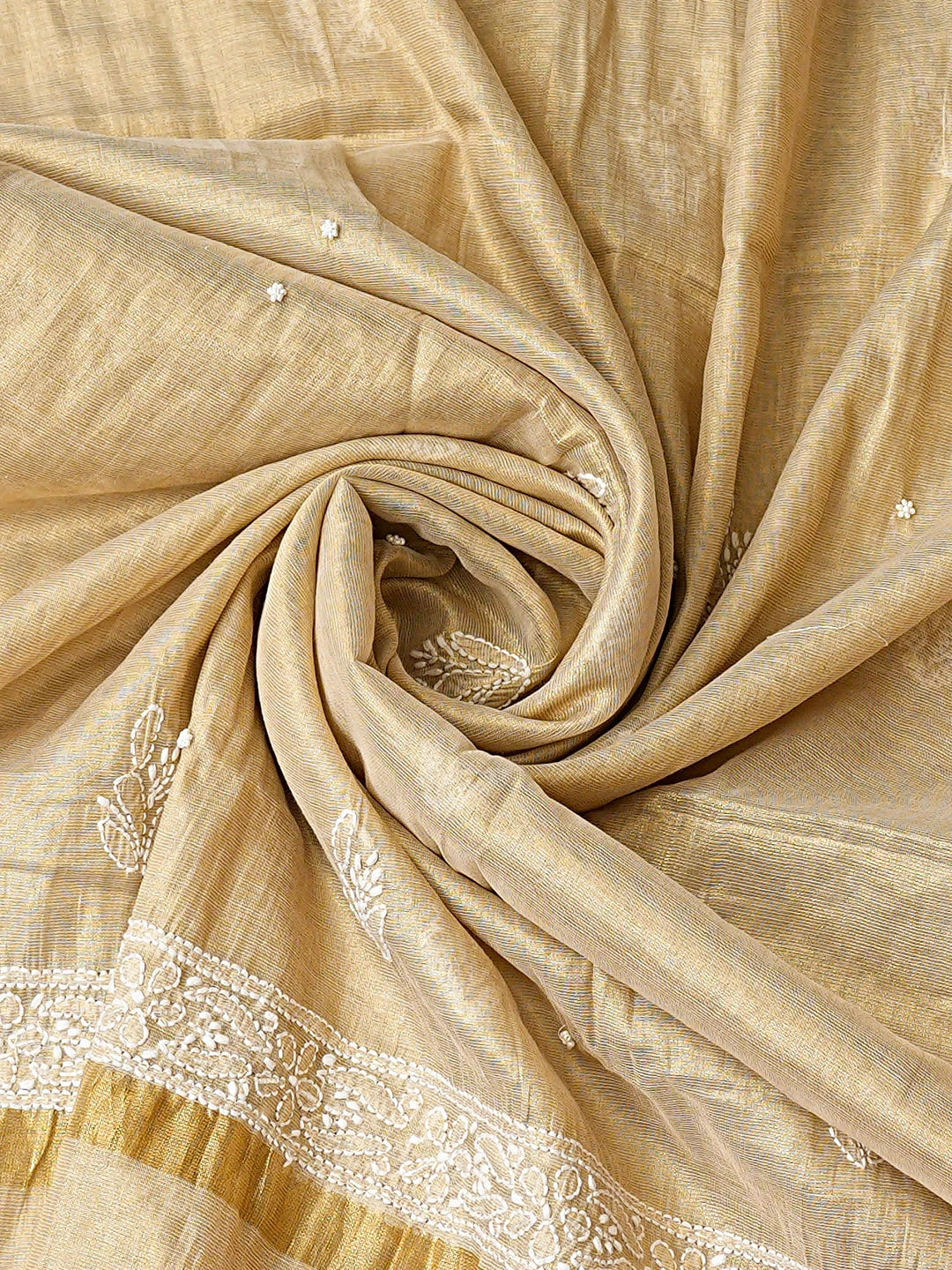 Ada Hand Embroidered Fawn Tissue Lucknowi Chikankari Semi-Stitched A-line Kurta Dupatta Set With Pearl Work 01A921643