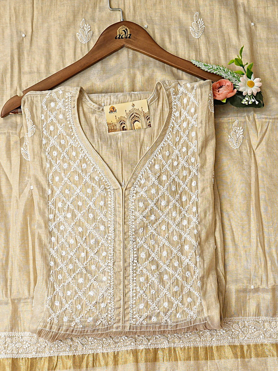 Ada Hand Embroidered Fawn Tissue Lucknowi Chikankari Semi-Stitched A-line Kurta Dupatta Set With Pearl Work 01A921643