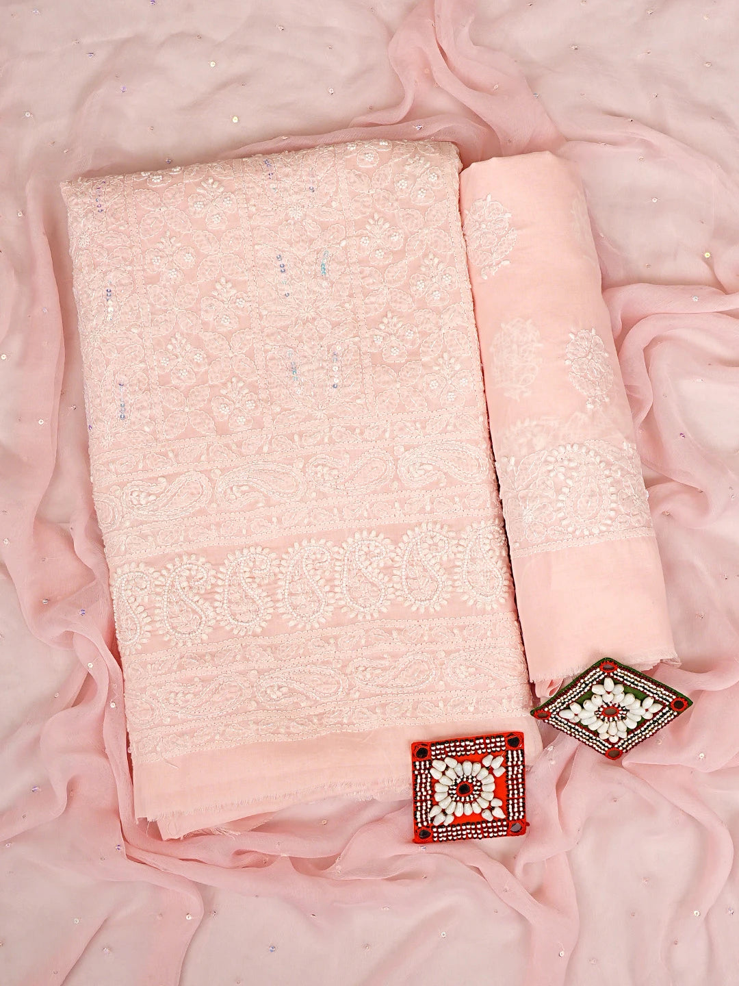 Ada Hand Embroidered Tea Rose Pink Cotton Lucknowi Chikankari Unstitched Suit Piece With Pearl Work 01A762633