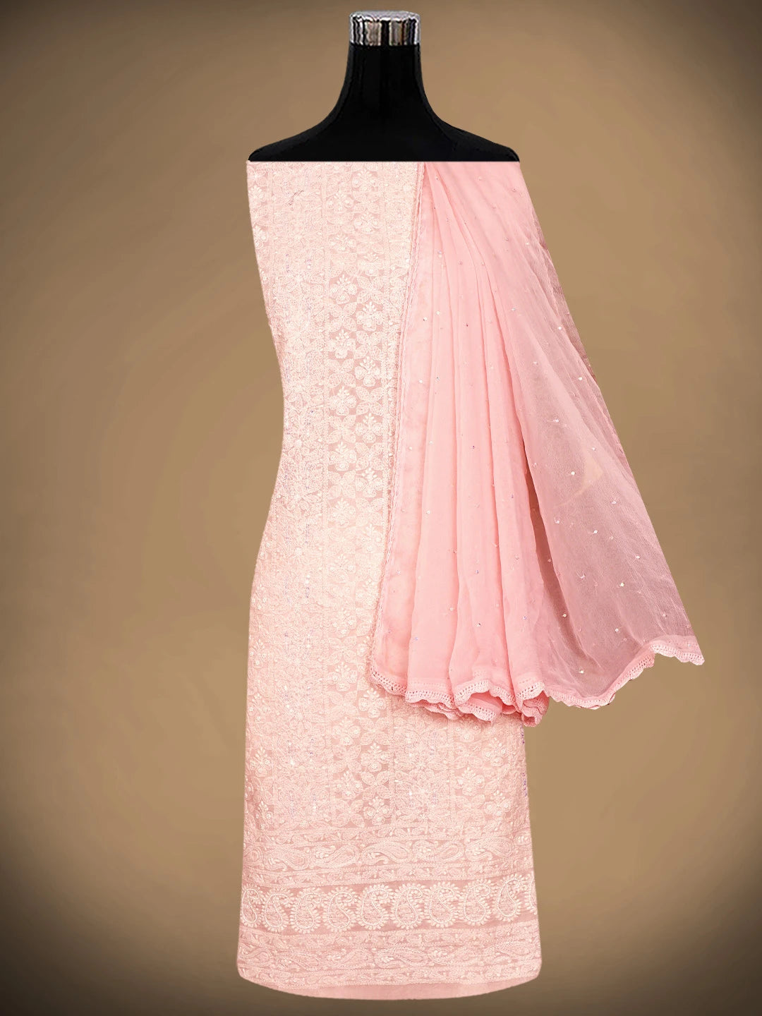 Ada Hand Embroidered Tea Rose Pink Cotton Lucknowi Chikankari Unstitched Suit Piece With Pearl Work 01A762633