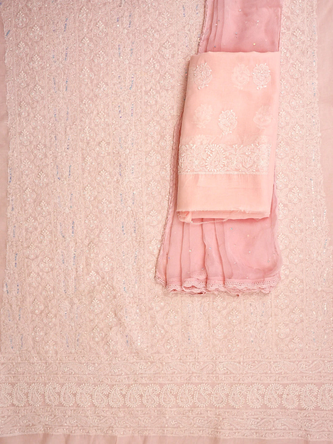 Ada Hand Embroidered Tea Rose Pink Cotton Lucknowi Chikankari Unstitched Suit Piece With Pearl Work 01A762633