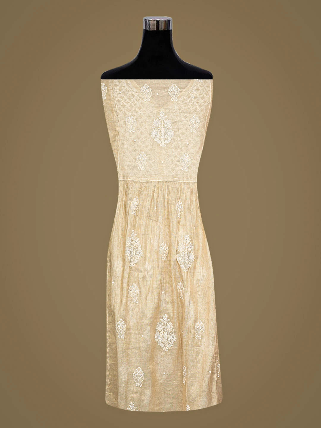 Ada Hand Embroidered Fawn Tissue Lucknowi Chikankari Semi-Stitched A-line Kurta Dupatta Set With Pearl Work 01A921656