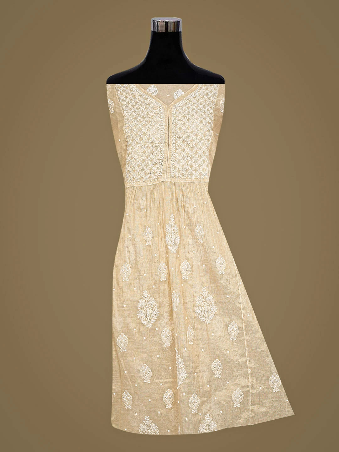 Ada Hand Embroidered Fawn Tissue Lucknowi Chikankari Semi-Stitched A-line Kurta Dupatta Set With Pearl Work 01A921656