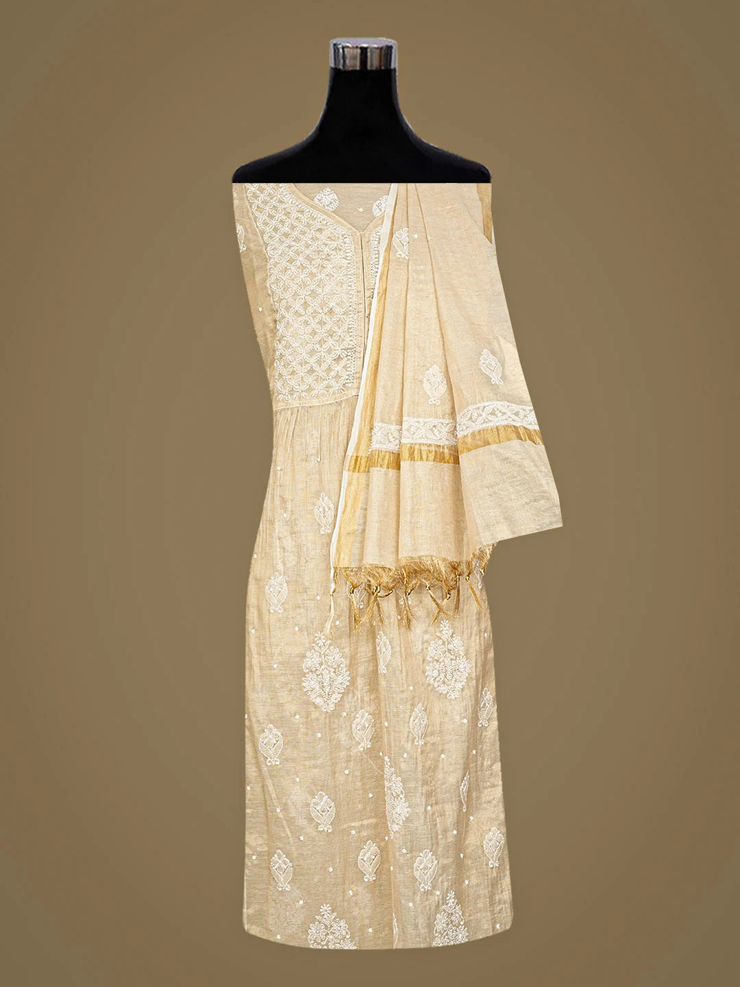 Ada Hand Embroidered Fawn Tissue Lucknowi Chikankari Semi-Stitched A-line Kurta Dupatta Set With Pearl Work 01A921656
