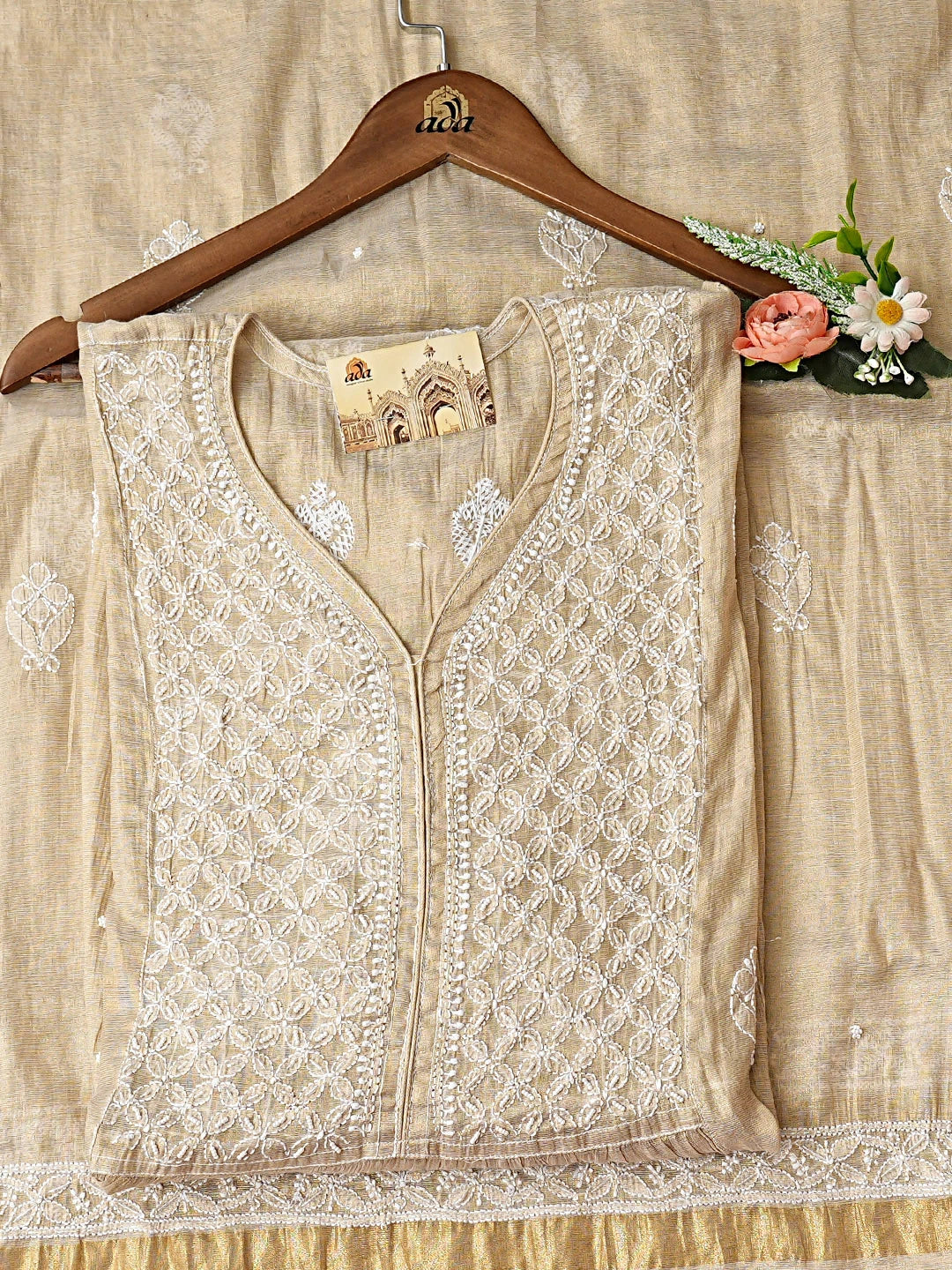 Ada Hand Embroidered Fawn Tissue Lucknowi Chikankari Semi-Stitched A-line Kurta Dupatta Set With Pearl Work 01A921656