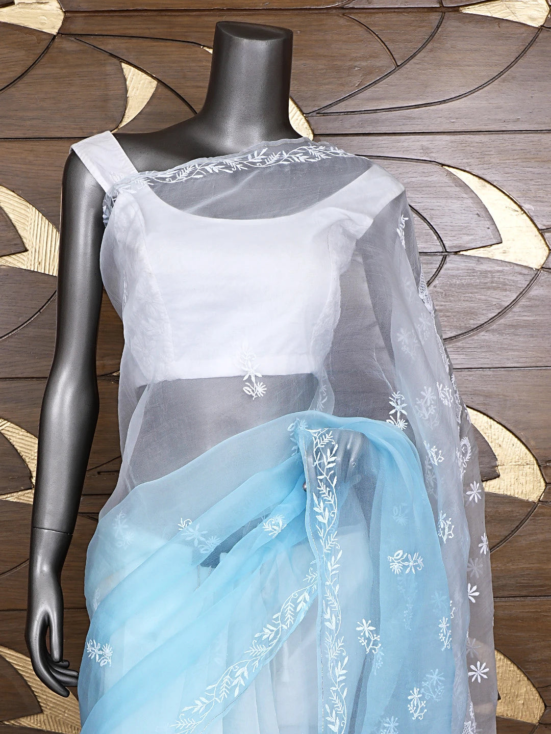 Ada Hand Embroidered Ombre Shade Of Sky Reflection & Pale Sky Organza Lucknowi Chikankari Saree With Blouse 01A919313
