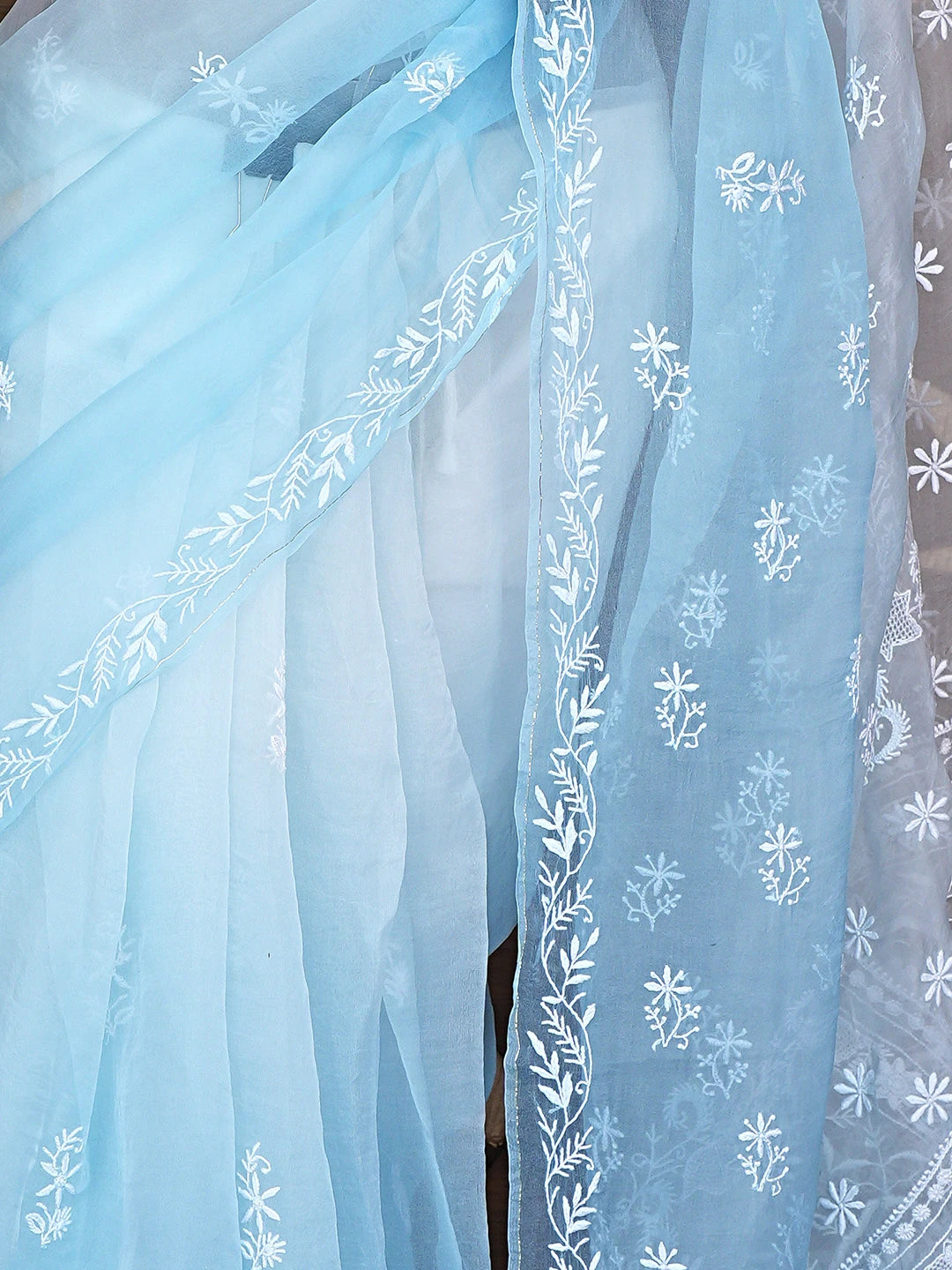 Ada Hand Embroidered Ombre Shade Of Sky Reflection & Pale Sky Organza Lucknowi Chikankari Saree With Blouse 01A919313