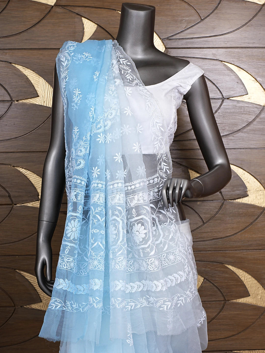 Ada Hand Embroidered Ombre Shade Of Sky Reflection & Pale Sky Organza Lucknowi Chikankari Saree With Blouse 01A919313