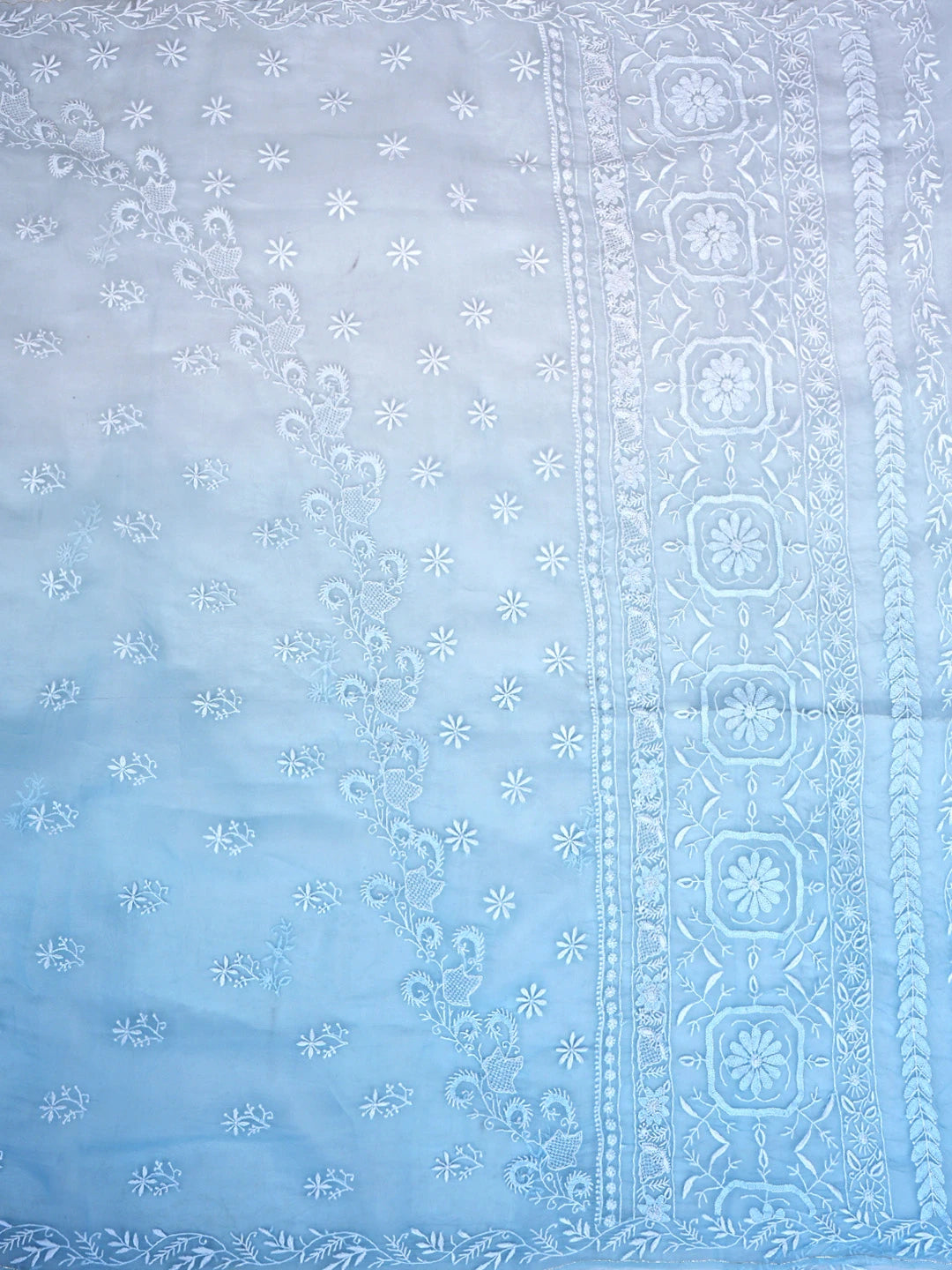 Ada Hand Embroidered Ombre Shade Of Sky Reflection & Pale Sky Organza Lucknowi Chikankari Saree With Blouse 01A919313