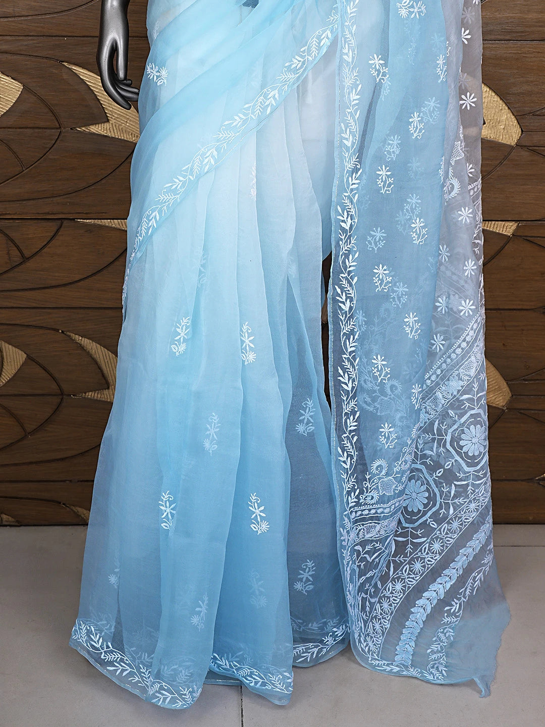 Ada Hand Embroidered Ombre Shade Of Sky Reflection & Pale Sky Organza Lucknowi Chikankari Saree With Blouse 01A919313