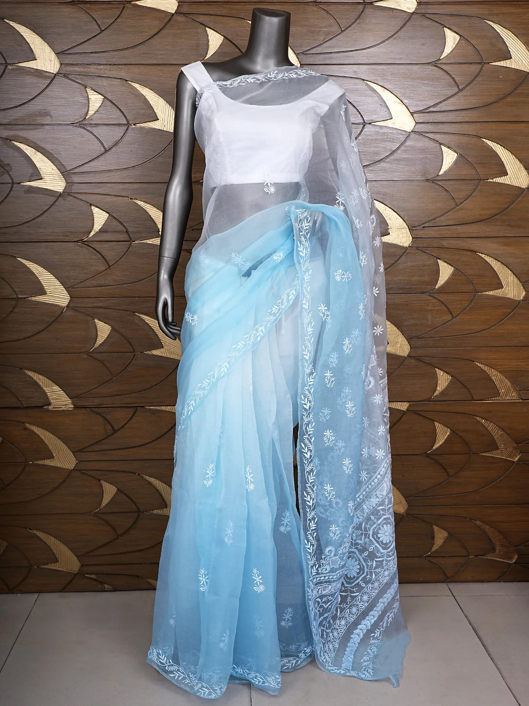 Ada Hand Embroidered Ombre Shade Of Sky Reflection & Pale Sky Organza Lucknowi Chikankari Saree With Blouse 01A919313