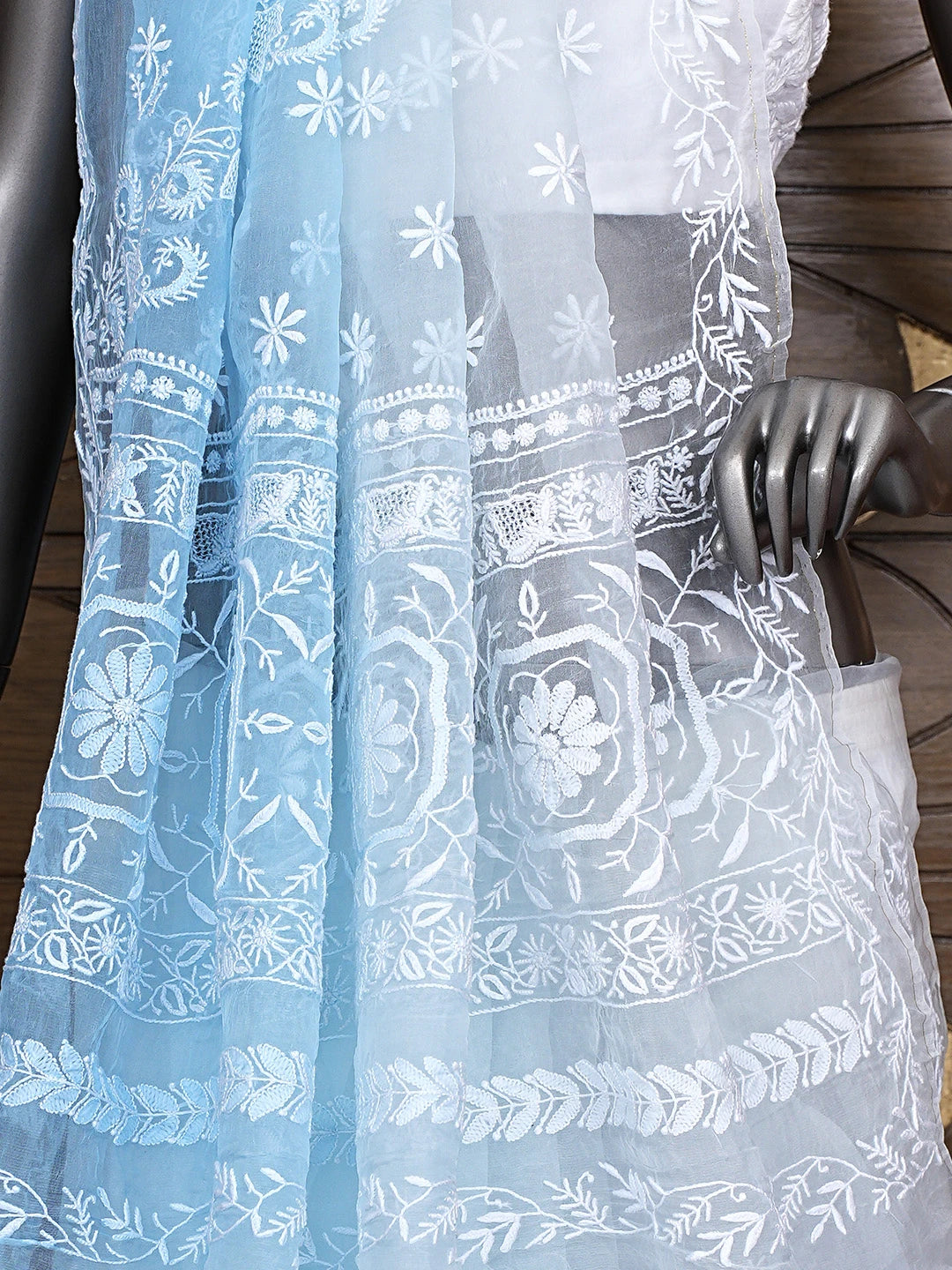 Ada Hand Embroidered Ombre Shade Of Sky Reflection & Pale Sky Organza Lucknowi Chikankari Saree With Blouse 01A919313
