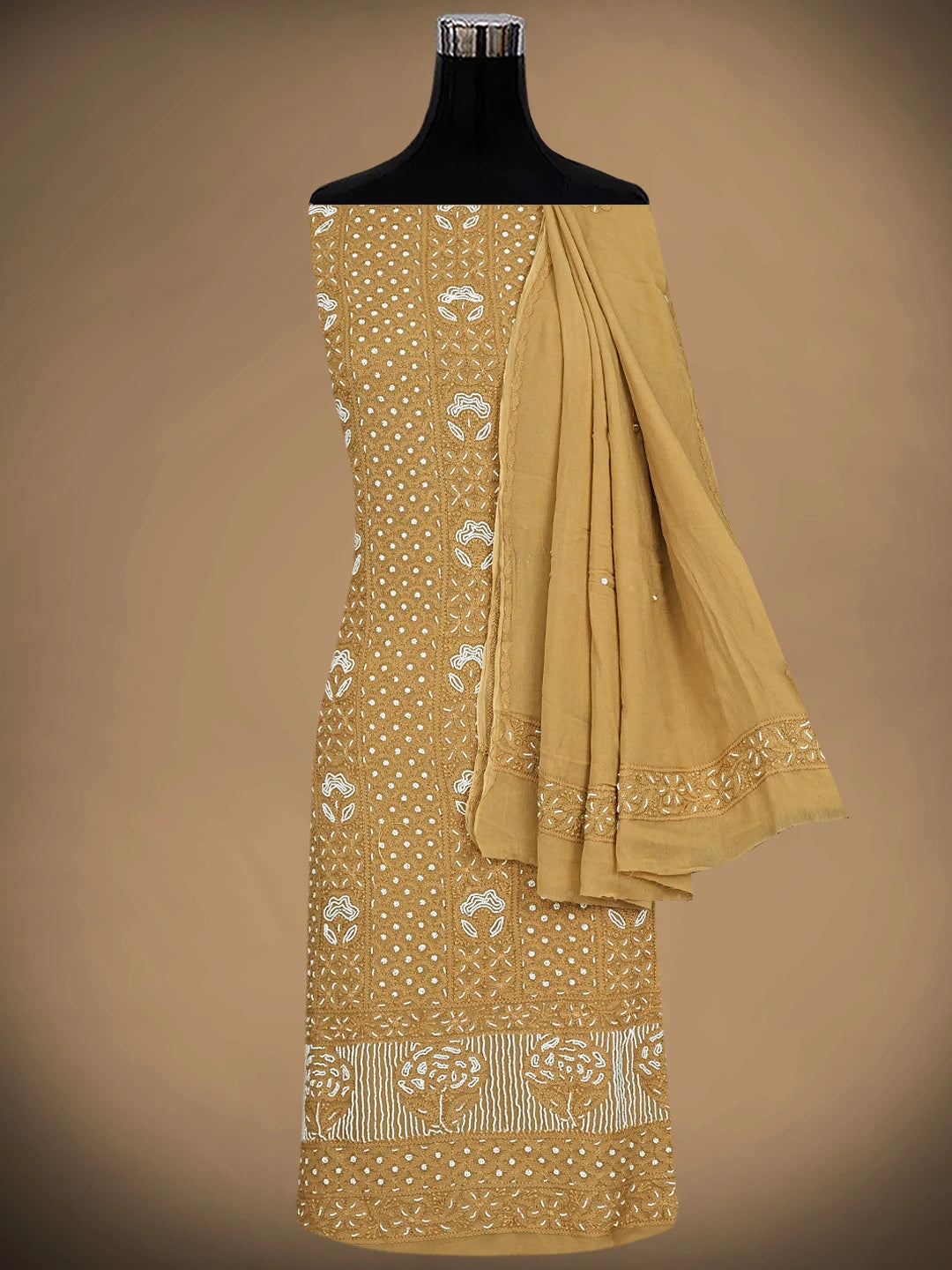 Ada Hand Embroidered Camel Brown Viscose Georgette Lucknowi Chikankari Unstitched Kurta Dupatta Set With Cutdana Work 01A850889
