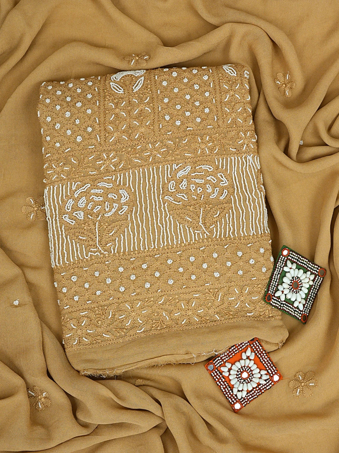 Ada Hand Embroidered Camel Brown Viscose Georgette Lucknowi Chikankari Unstitched Kurta Dupatta Set With Cutdana Work 01A850889