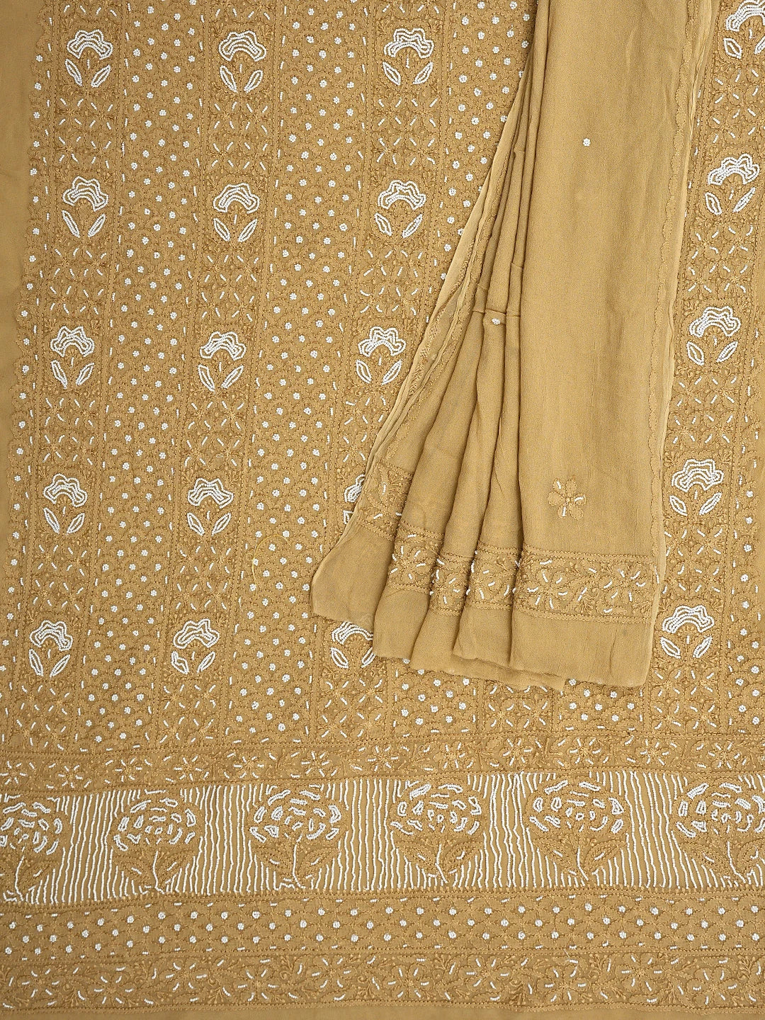 Ada Hand Embroidered Camel Brown Viscose Georgette Lucknowi Chikankari Unstitched Kurta Dupatta Set With Cutdana Work 01A850889