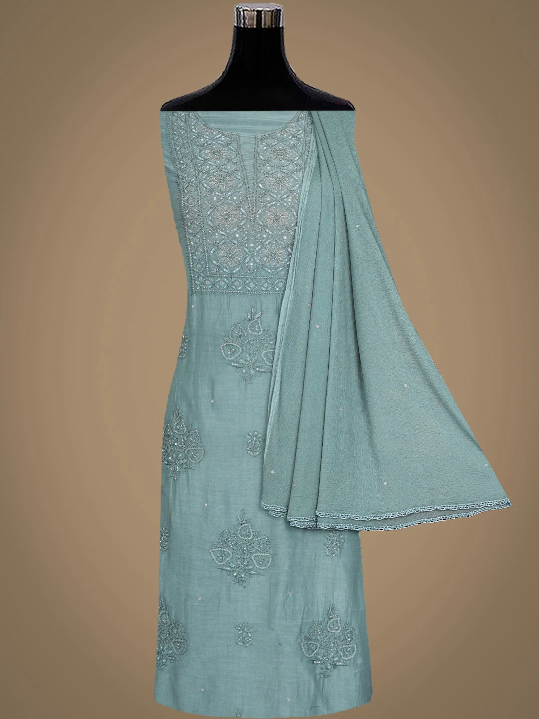 Ada Hand Embroidered Grey Maslin Lucknowi Chikankari Unstitched Suit Piece With Sequinned Work 01A773437