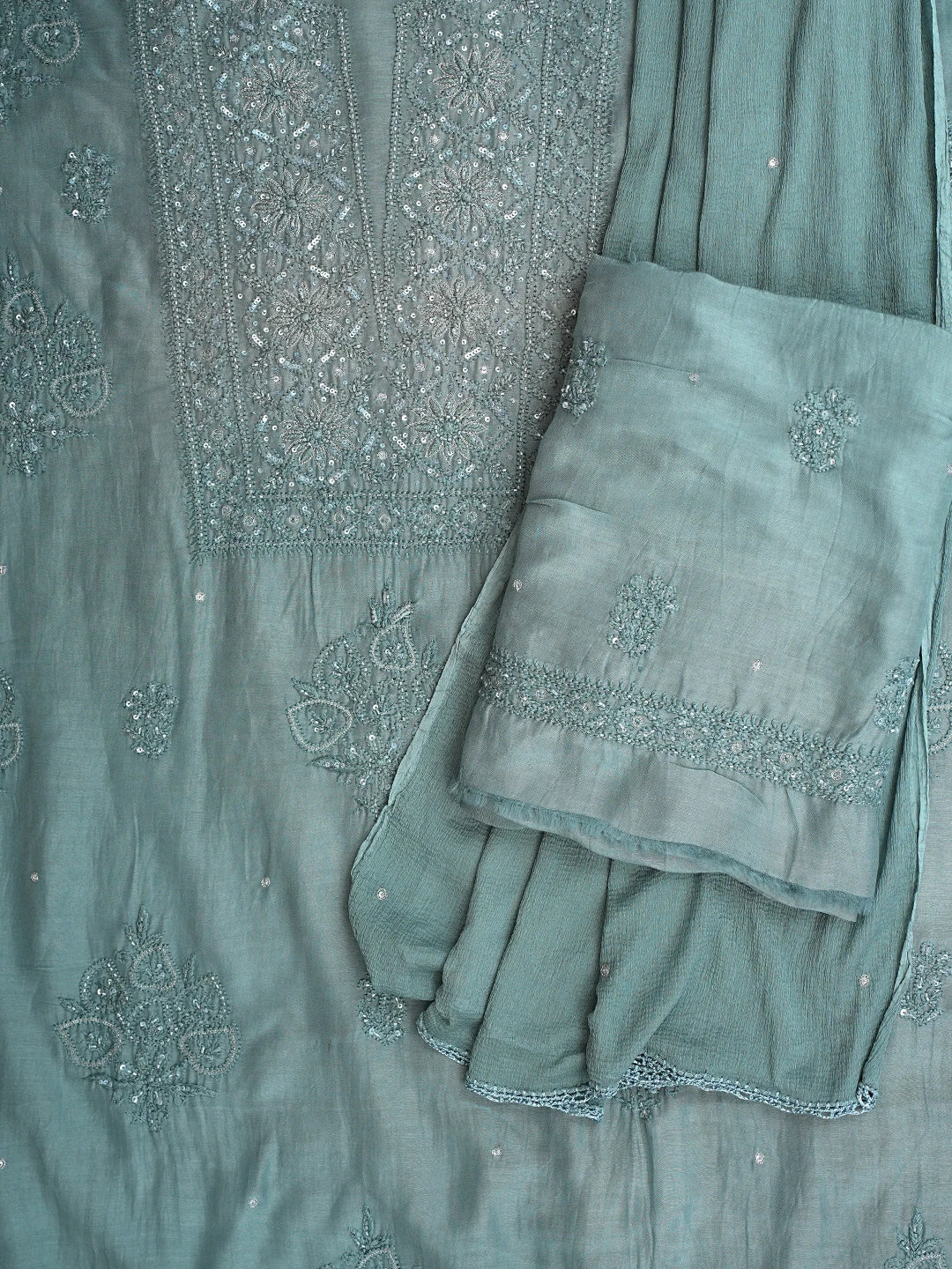 Ada Hand Embroidered Grey Maslin Lucknowi Chikankari Unstitched Suit Piece With Sequinned Work 01A773437