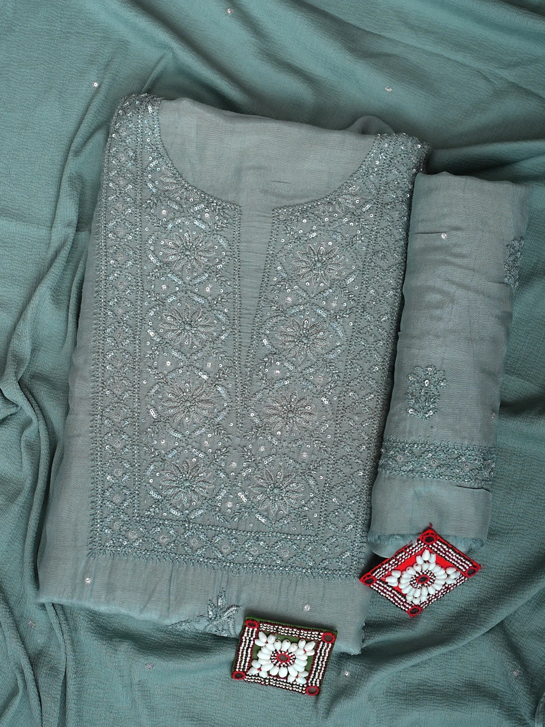 Ada Hand Embroidered Grey Maslin Lucknowi Chikankari Unstitched Suit Piece With Sequinned Work 01A773437
