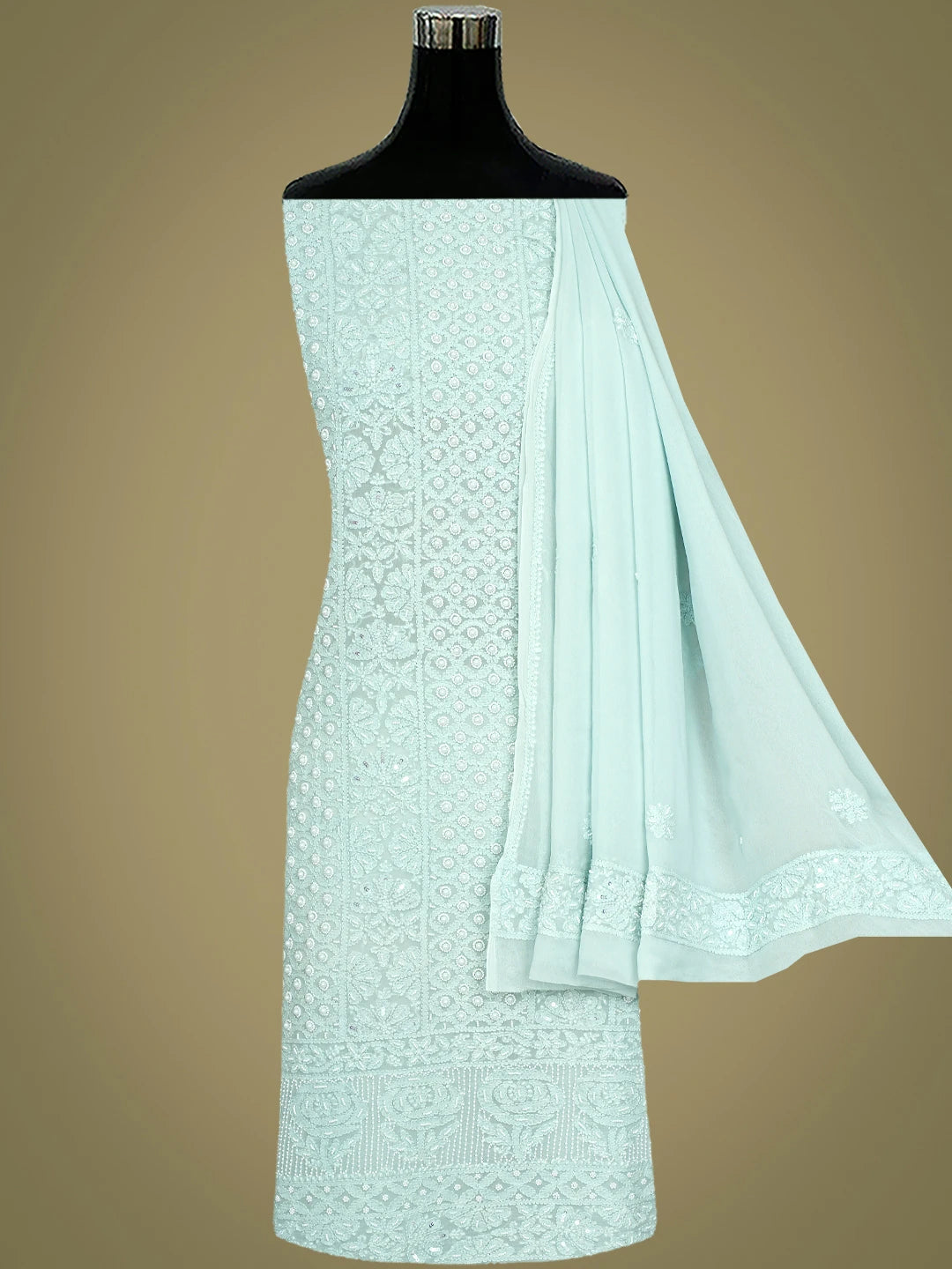 Ada Hand Embroidered Crystal Cyan Viscose Georgette Lucknowi Chikankari Unstitched Kurta Dupatta Set With Pearl Work 01A808396