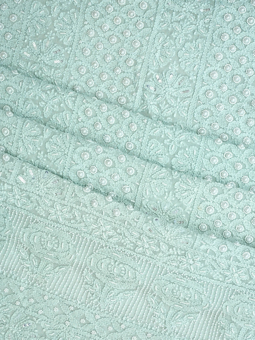 Ada Hand Embroidered Crystal Cyan Viscose Georgette Lucknowi Chikankari Unstitched Kurta Dupatta Set With Pearl Work 01A808396