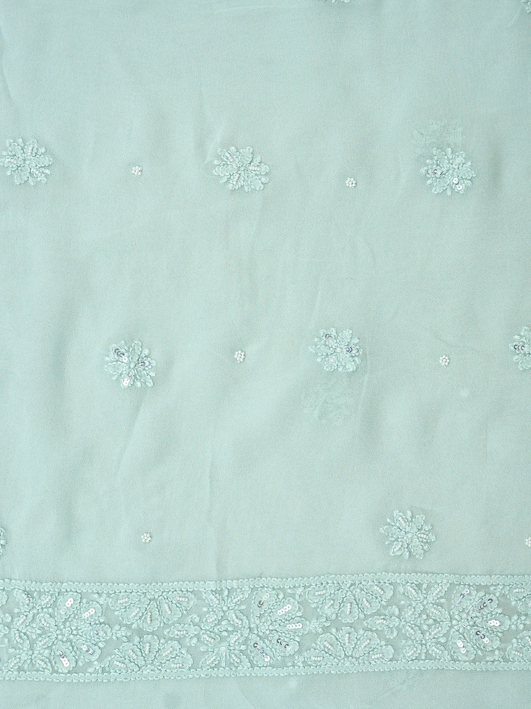 Ada Hand Embroidered Crystal Cyan Viscose Georgette Lucknowi Chikankari Unstitched Kurta Dupatta Set With Pearl Work 01A808396