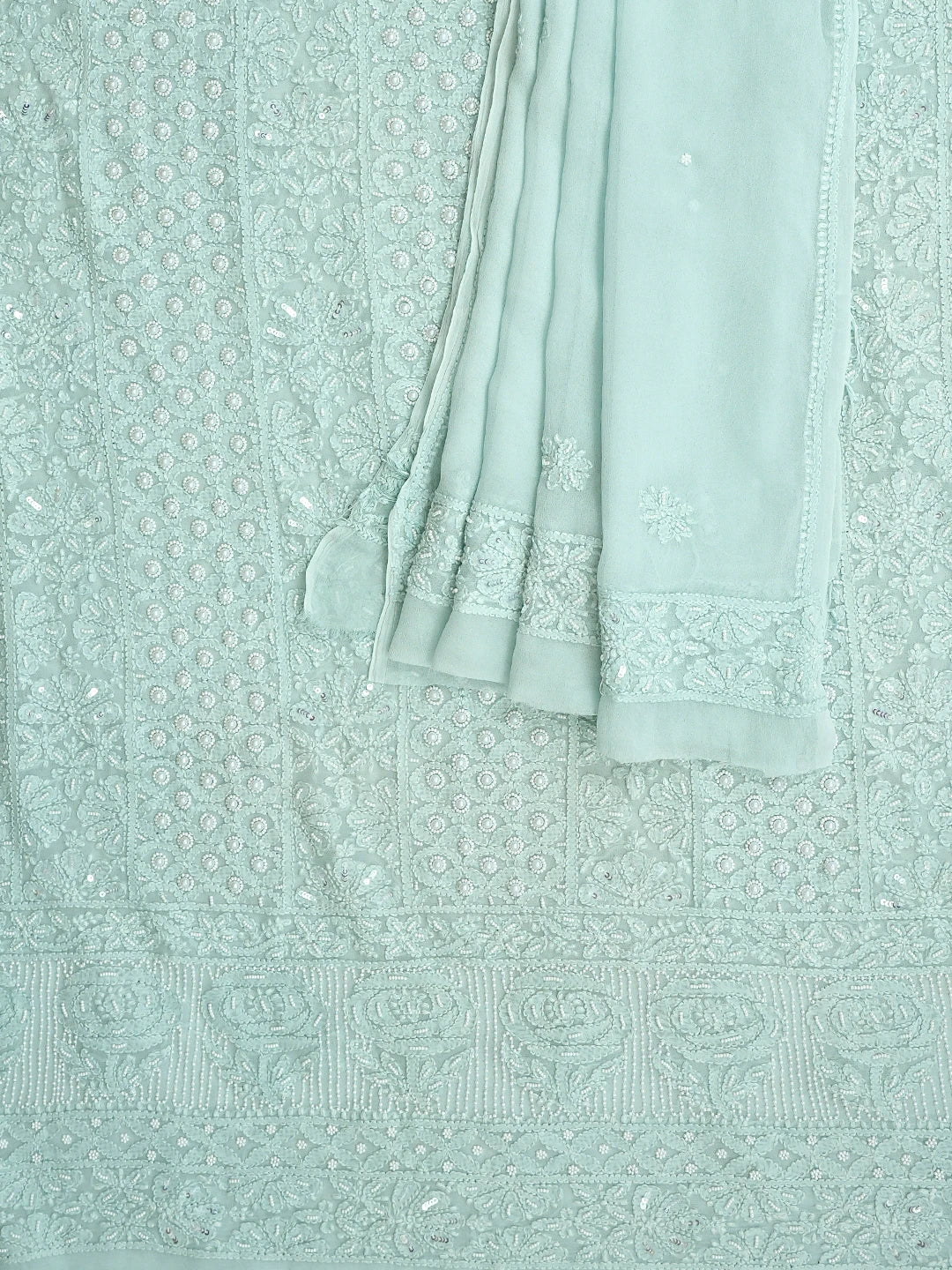 Ada Hand Embroidered Crystal Cyan Viscose Georgette Lucknowi Chikankari Unstitched Kurta Dupatta Set With Pearl Work 01A808396