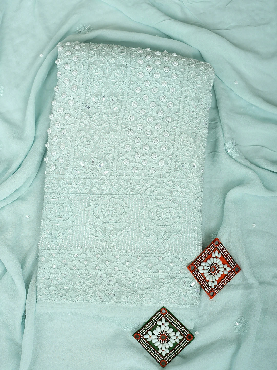 Ada Hand Embroidered Crystal Cyan Viscose Georgette Lucknowi Chikankari Unstitched Kurta Dupatta Set With Pearl Work 01A808396