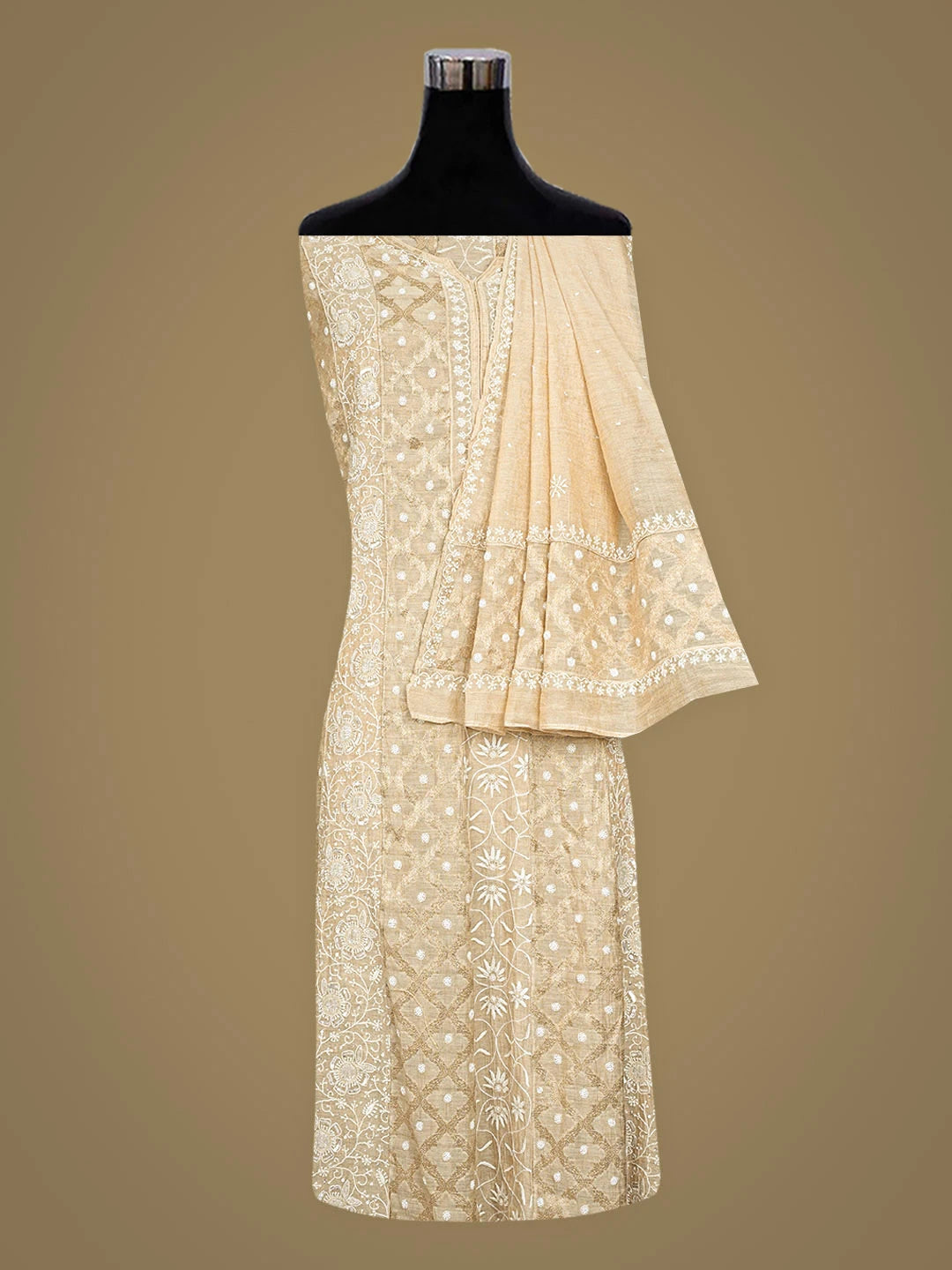 Ada Hand Embroidered Fawn Tissue Lucknowi Chikankari Semi-stitched Kurta Dupatta Set With Cutdana Work 01A920489