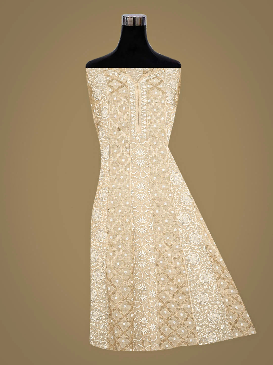 Ada Hand Embroidered Fawn Tissue Lucknowi Chikankari Semi-stitched Kurta Dupatta Set With Cutdana Work 01A920489
