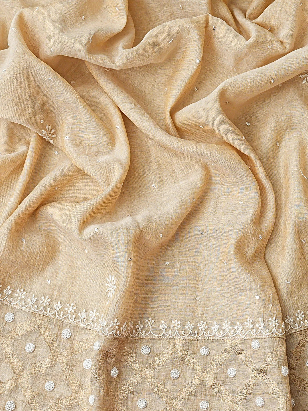 Ada Hand Embroidered Fawn Tissue Lucknowi Chikankari Semi-stitched Kurta Dupatta Set With Cutdana Work 01A920489