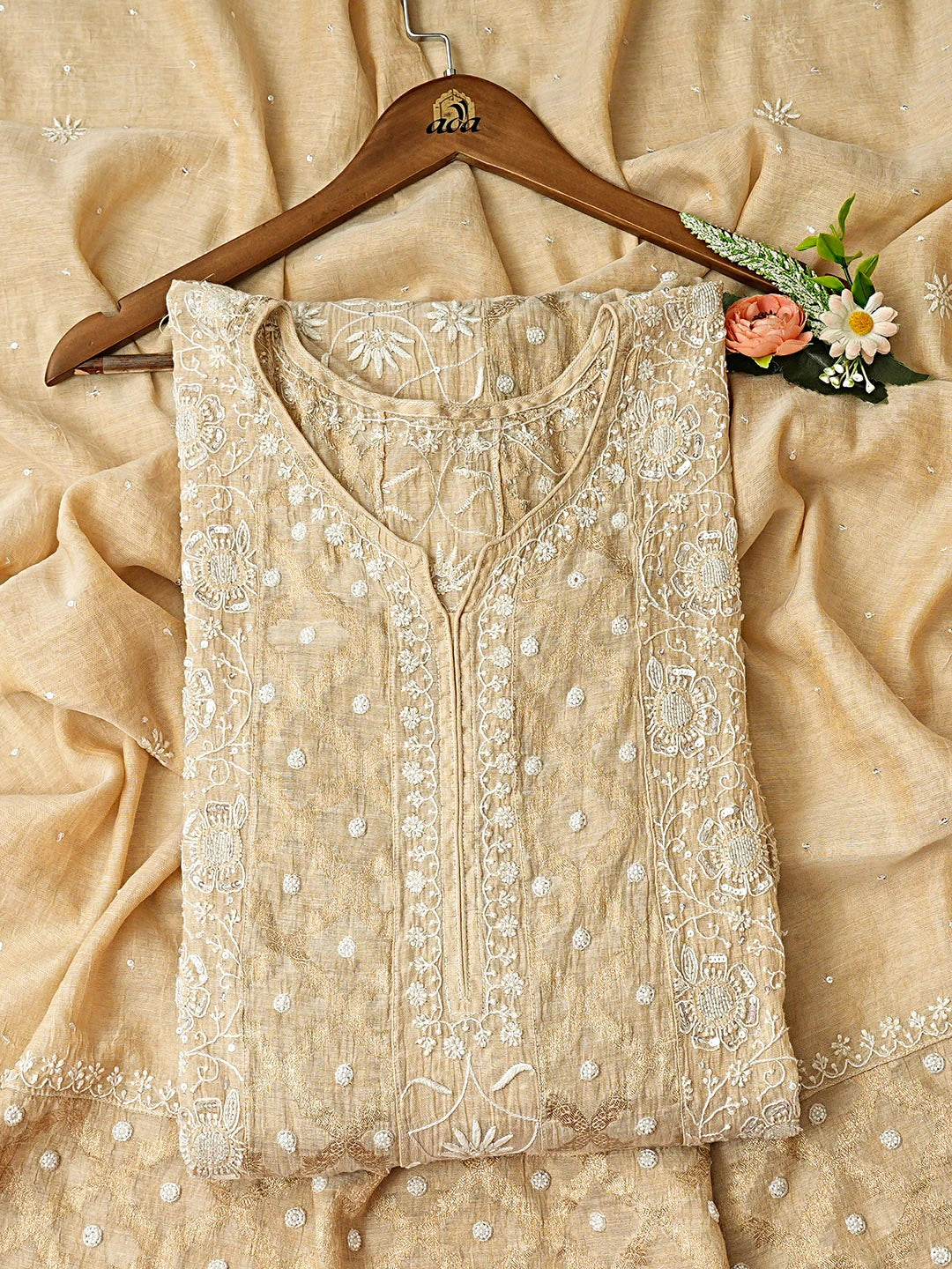 Ada Hand Embroidered Fawn Tissue Lucknowi Chikankari Semi-stitched Kurta Dupatta Set With Cutdana Work 01A920489