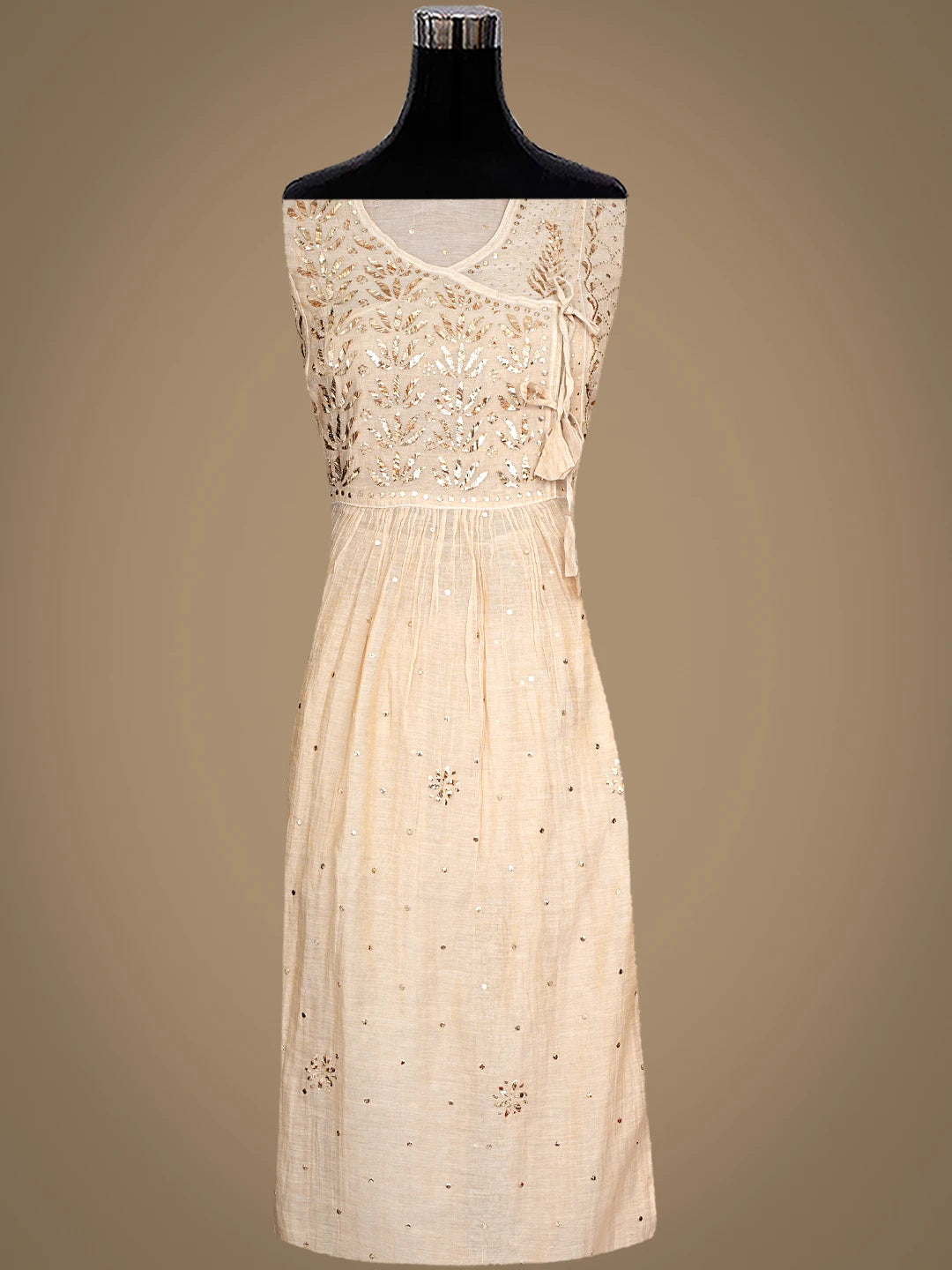 Ada Hand Embroidered Fawn Tissue Semi-stitched Kurta Dupatta Set With Muqaish/Mukaish Work 01A926252