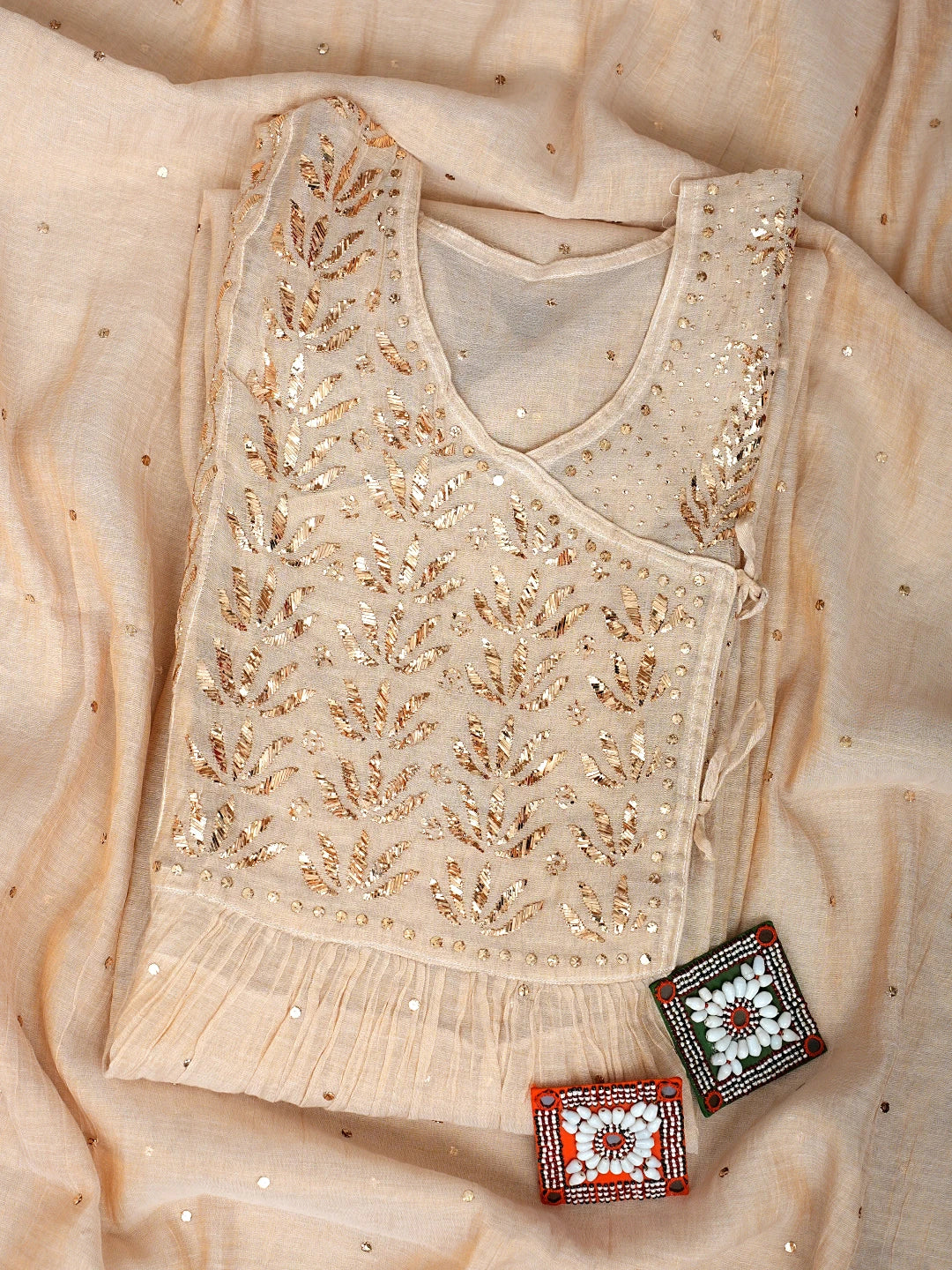 Ada Hand Embroidered Fawn Tissue Semi-stitched Kurta Dupatta Set With Muqaish/Mukaish Work 01A926252