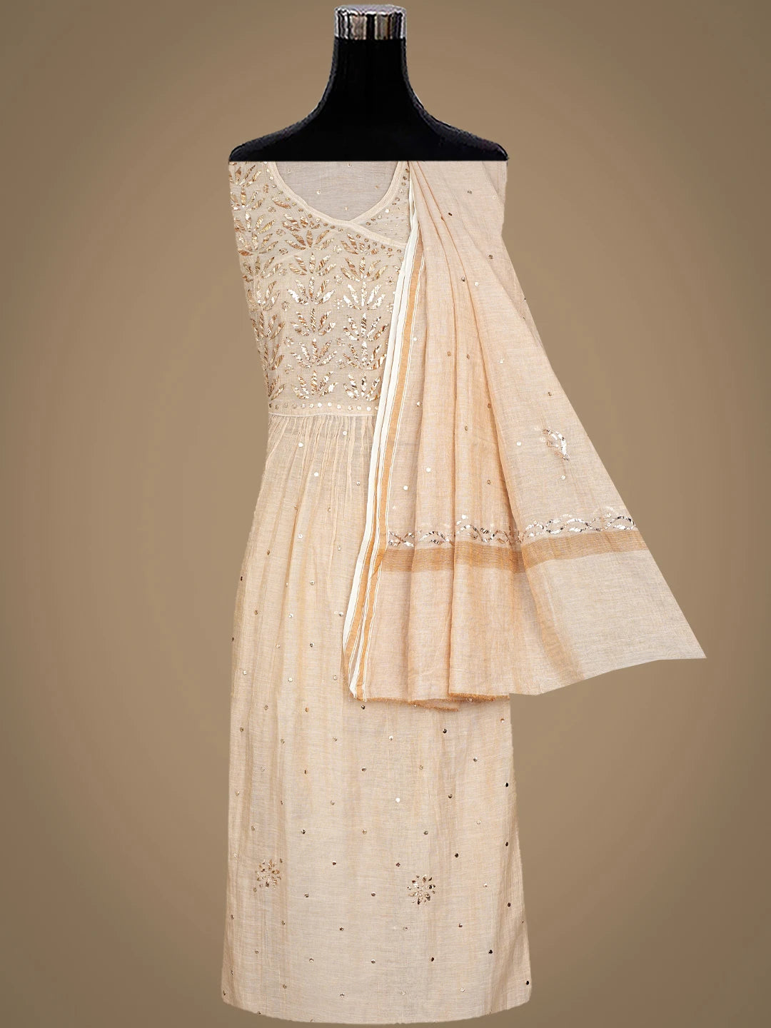Ada Hand Embroidered Fawn Tissue Semi-stitched Kurta Dupatta Set With Muqaish/Mukaish Work 01A926252