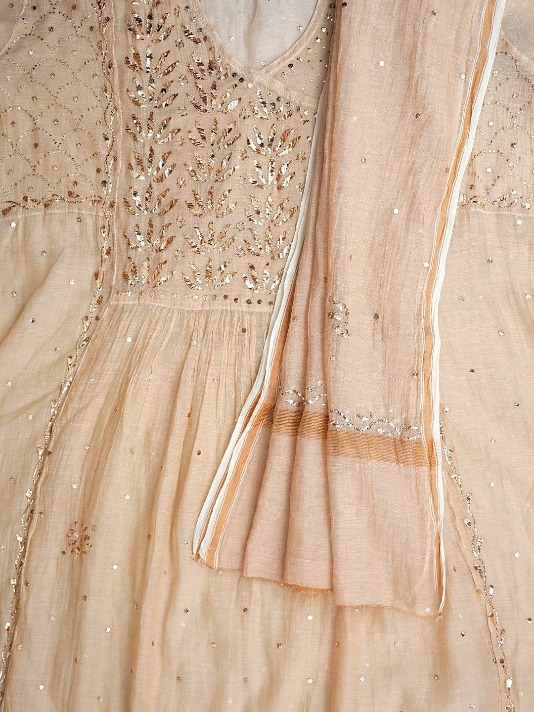Ada Hand Embroidered Fawn Tissue Semi-stitched Kurta Dupatta Set With Muqaish/Mukaish Work 01A926252