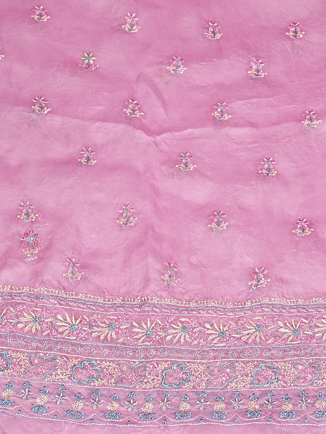 Ada Hand Embroidered Pink Organza Lucknowi Chikankari Unstitched Kurta Dupatta Set With Sequinned Work 01A728619
