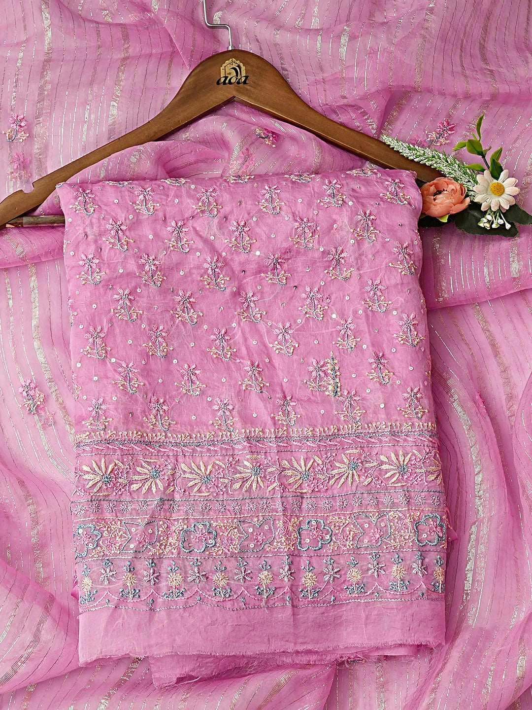 Ada Hand Embroidered Pink Organza Lucknowi Chikankari Unstitched Kurta Dupatta Set With Sequinned Work 01A728619