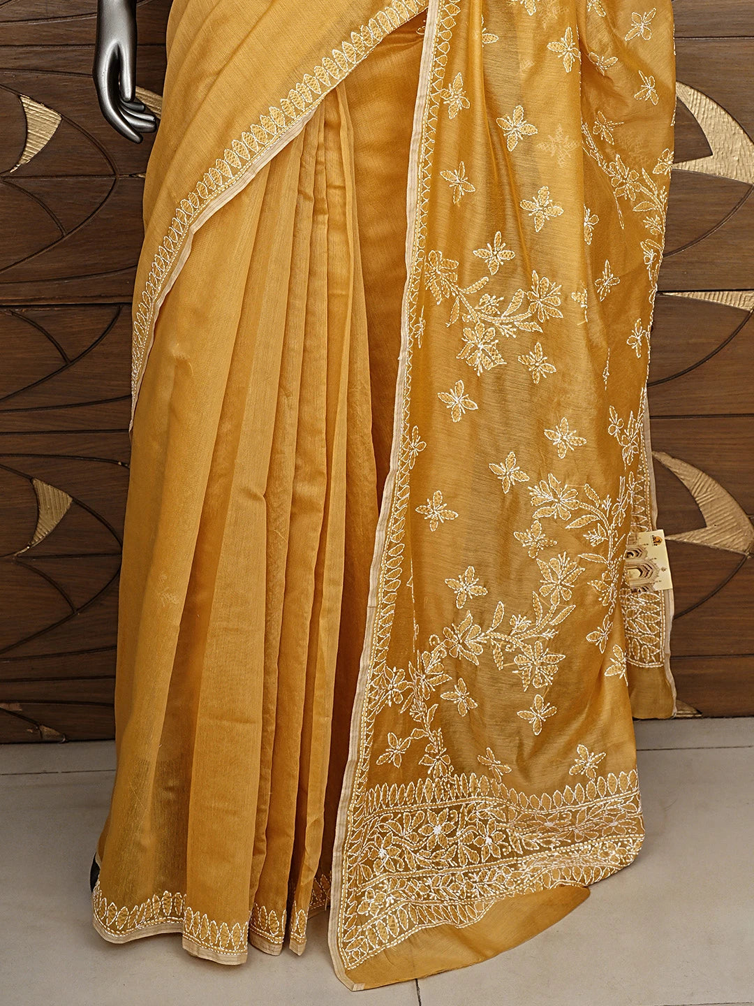 Ada Hand Embroidered Harvest Gold Chanderi Lucknowi Chikankari Saree and Blouse 01A922927